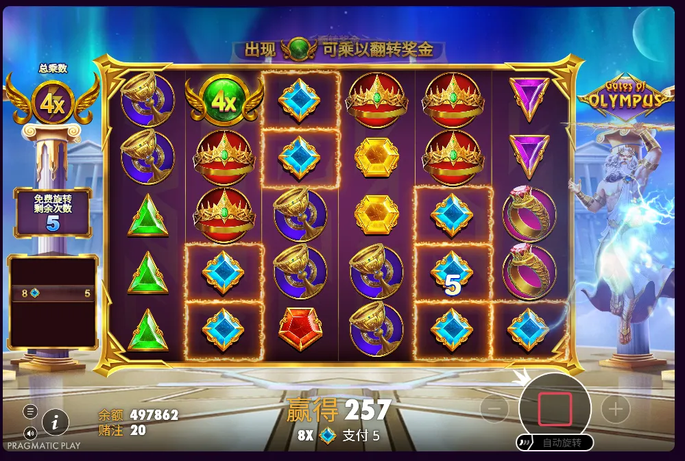 Gates of Olympus 免費旋轉4倍乘數球與累積倍數畫面